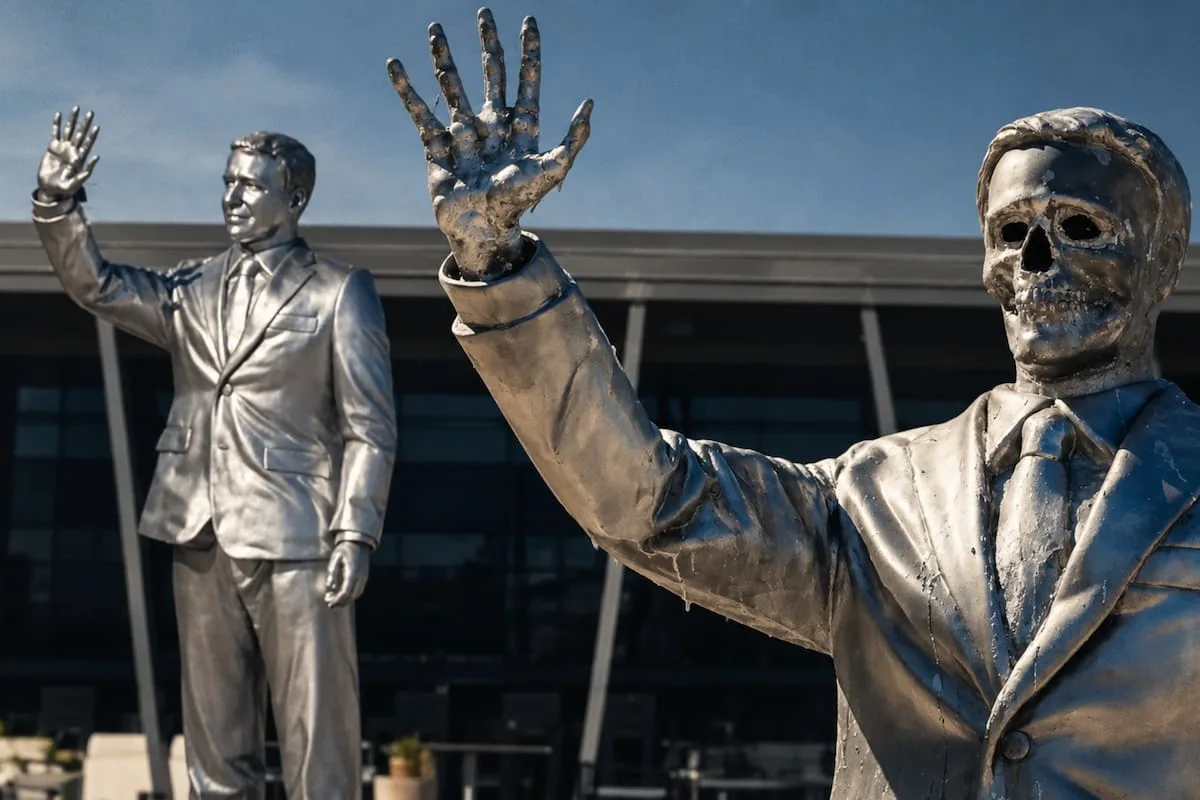 Polémica en Florida: una estatua de Ron DeSantis se derrite y deja al descubierto un esqueleto