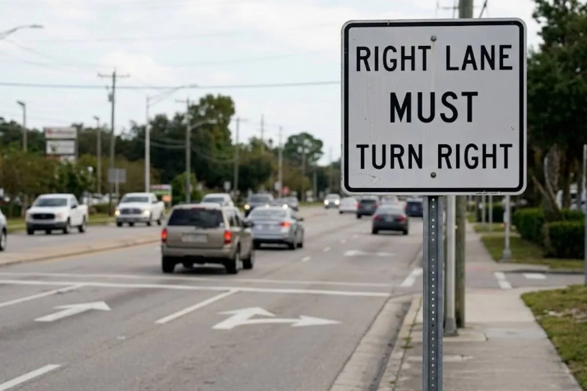 Qué significa la señal "Right Lane Must Turn Right" en Estados Unidos