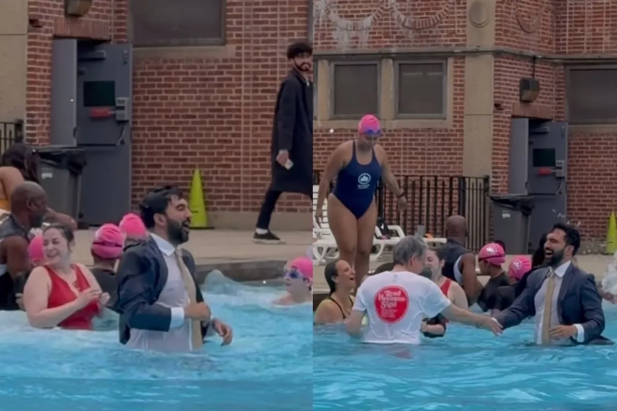Mamdani se tiró a la piscina con traje y corbata para inaugurar la temporada en Nueva York