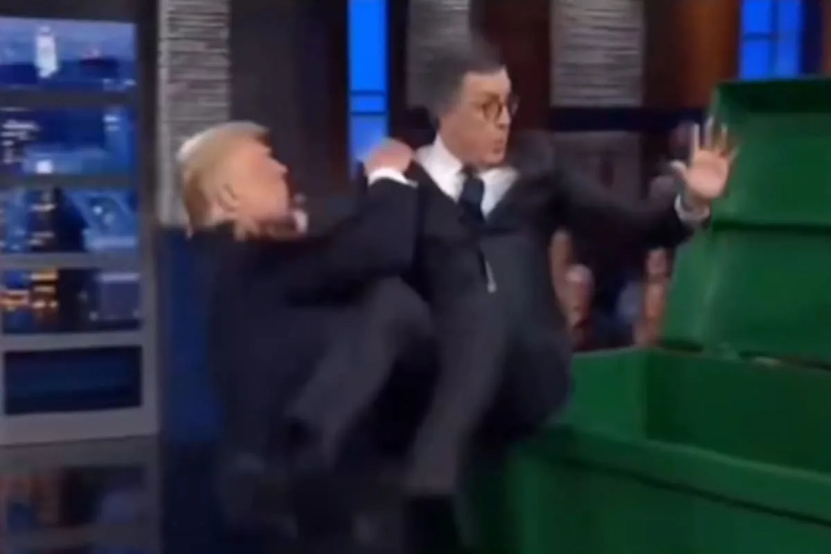 Trump difunde video de IA donde tira a Colbert a la basura